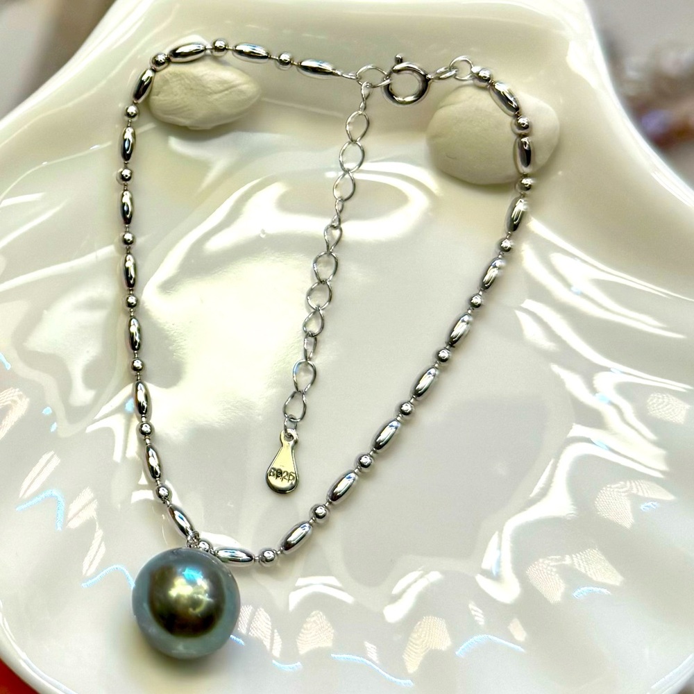 BPT29 10–11mm Natural RARE Green Tahitian Pearl Bracelet 18K White Gold S925